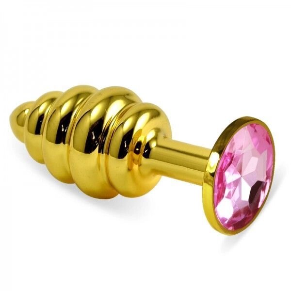 Ребриста золотиста анальна пробка з світло-рожевим кристалом Rosebud Spiral Metal Plug від компанії Elektromax - фото 1