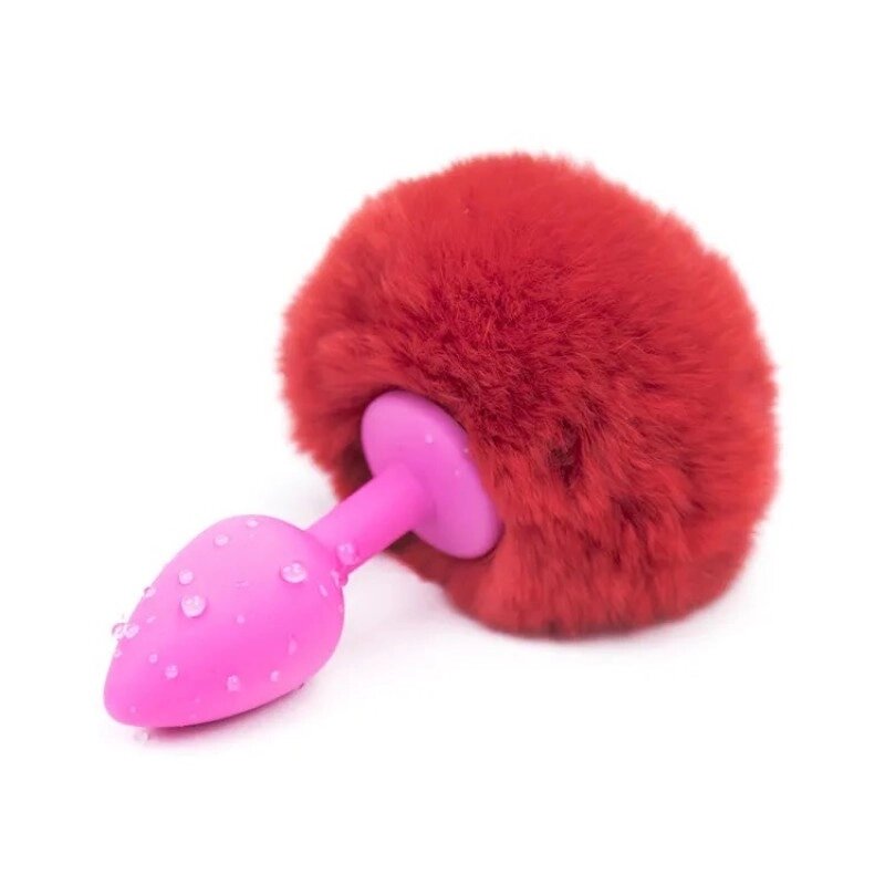 Рожевий силіконовий особистий    затор з червоним хвостиком Silicone Fur Tail Plug від компанії Elektromax - фото 1