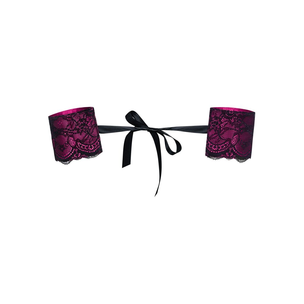 (SALE) Атласні наручники-манжети на стрічках Obsessive Roseberry cuffs, pink, прикрашені мереживом від компанії Elektromax - фото 1