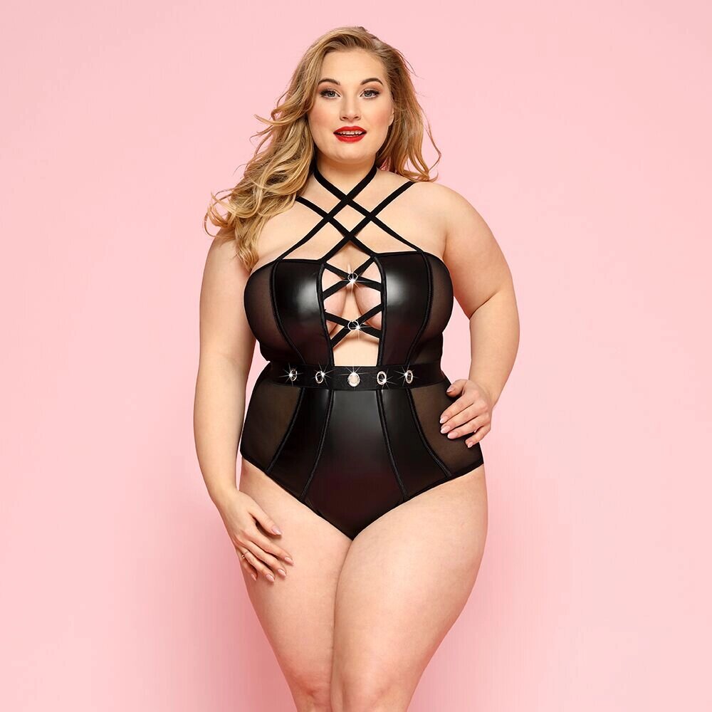 Сексуальне боді JSY «Пристрасна Лорейн» Plus Size Black, люверси, стрепи, екошкіра, шнурівка від компанії Elektromax - фото 1