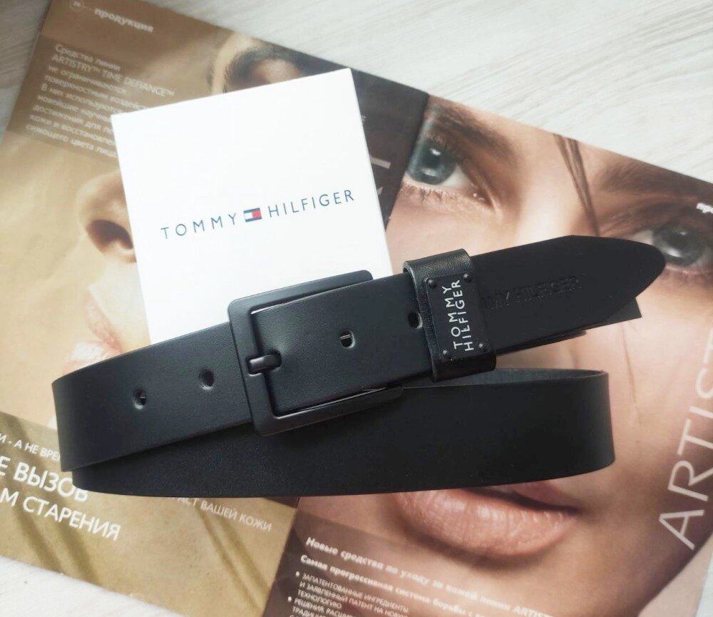 Шкіряний чоловічий ремінь Tommy Hilfiger black  з чорною пряжкою від компанії Elektromax - фото 1