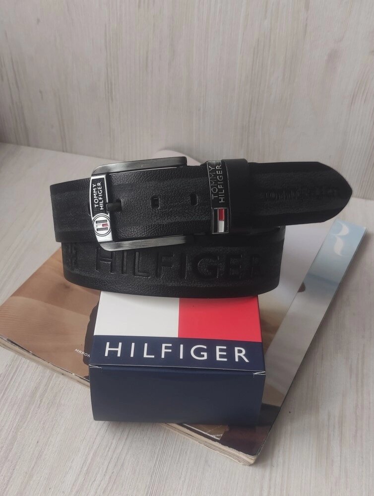 Шкіряний чоловічий ремінь Tommy Hilfiger для джинсів чорно-сірий від компанії Elektromax - фото 1