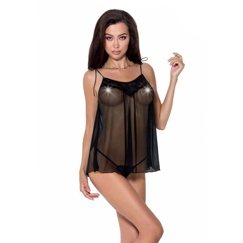 Сорочка прозора бебі дол Passion MELANIA CHEMISE S/M, black, трусики, на тонких бретелях від компанії Elektromax - фото 1