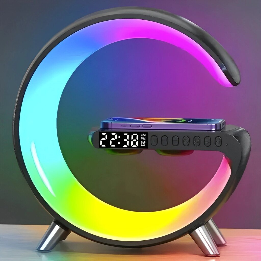 Світильник, нічник RGB Smart Light Sound Machine з бездротовою зарядкою 15W і Bluetooth колонкою 3W — чорний від компанії Elektromax - фото 1