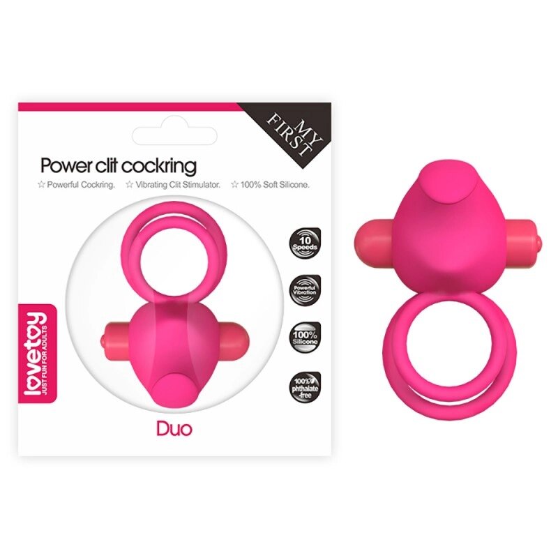 Вібро-насадка для пеніса з ерекційними кільцями Power Clit Duo Silicone Cockring Pink від компанії Elektromax - фото 1