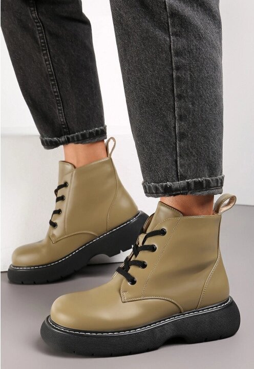 Жіночі черевики легко утеплені оливкового кольору на чорній підошві шнурівка 36-41. від компанії Elektromax - фото 1