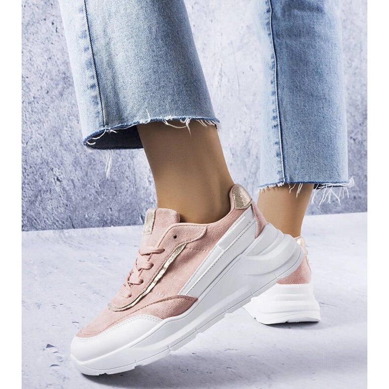 Жіночі кросівки комбіновані замша шкіра білі з рожевим на високій підошві 36-41 від компанії Elektromax - фото 1