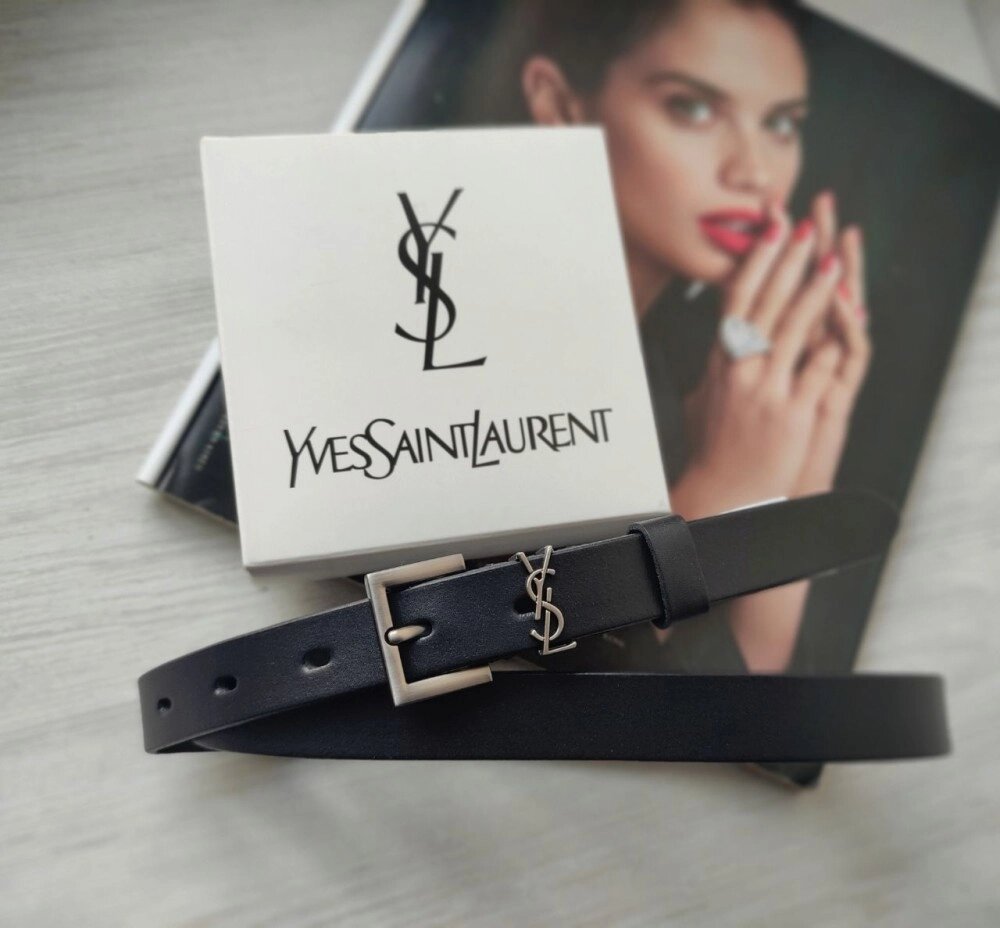 Жіночий вузький шкіряний ремінь пряжка Yves Saint Laurent black хром від компанії Elektromax - фото 1