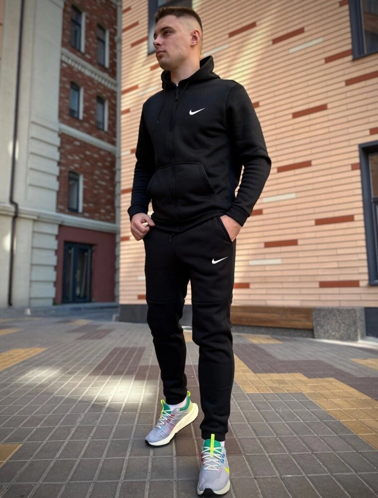 Зимовий спортивний костюм Nike з начосом чорна кофта на змійці+ чорні штани від компанії Elektromax - фото 1