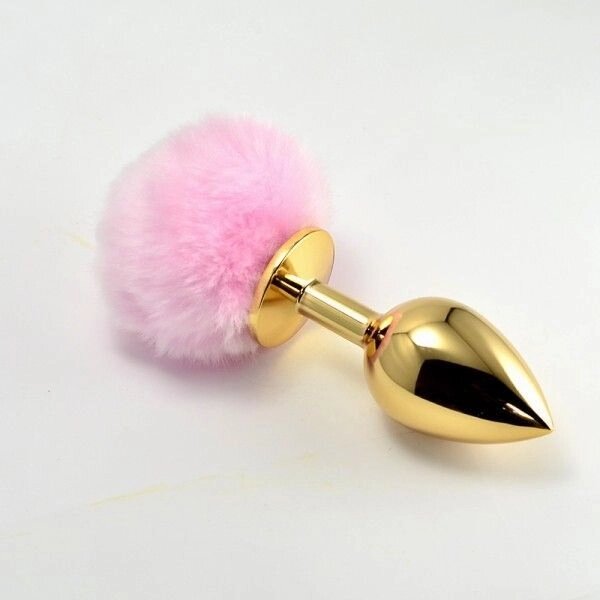 Золота анальна іграшка з рожевим помпоном Pompon Metal Plug Small Gold від компанії Elektromax - фото 1