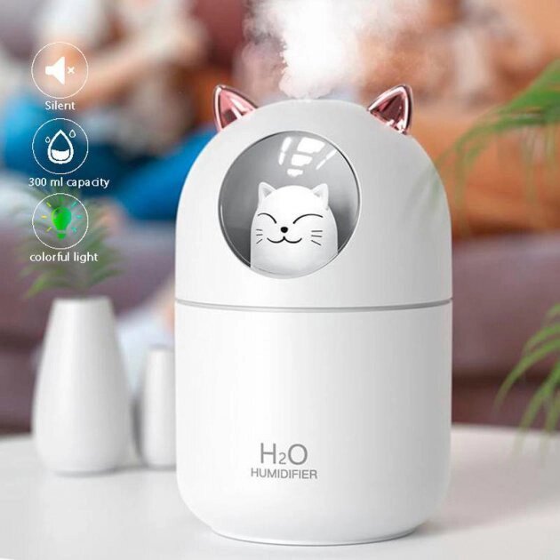 Зволожувач повітря Humidifier H2O Cat USB із котиком на 300мл. Колір: білий від компанії Elektromax - фото 1