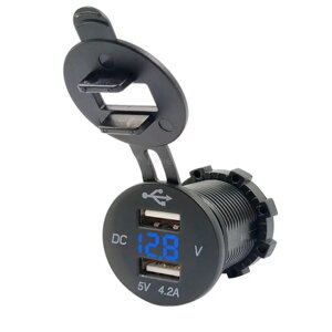 Автомобільна зарядка з пилозахисною кришкою і синім вольтметром, USB-роз'єм 4,2 А (DS2013-V)