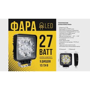 Фара LED квадратна 27W, 9 ламп, вузький промінь 10 / 30V 6000K товщина-40 мм