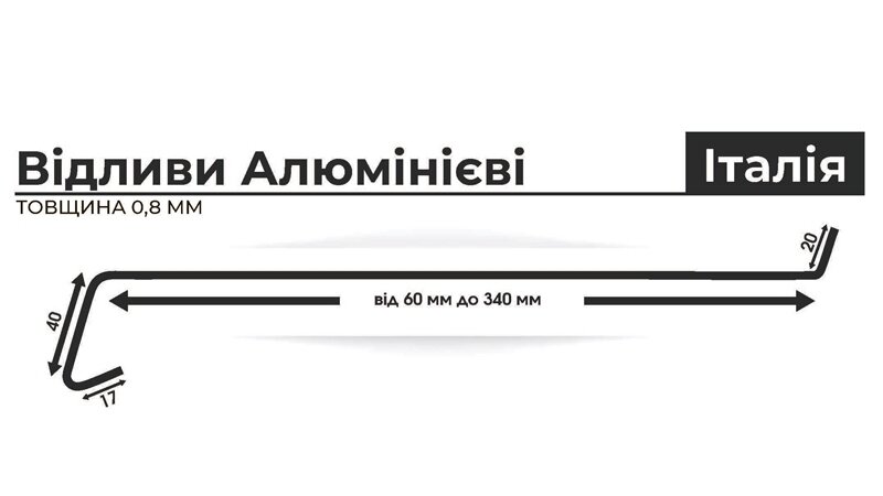 Характеристика відливу, алюмінієвий= стику відливу, алюмінієвий 0, 8 мм, висота крапельника 40 мм