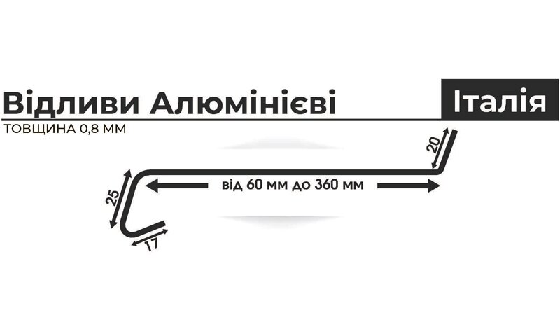 Характеристика відливу, алюмінієвий2 ка відливу, алюмінієвий 0, 8 мм, висота крапельника 25 мм