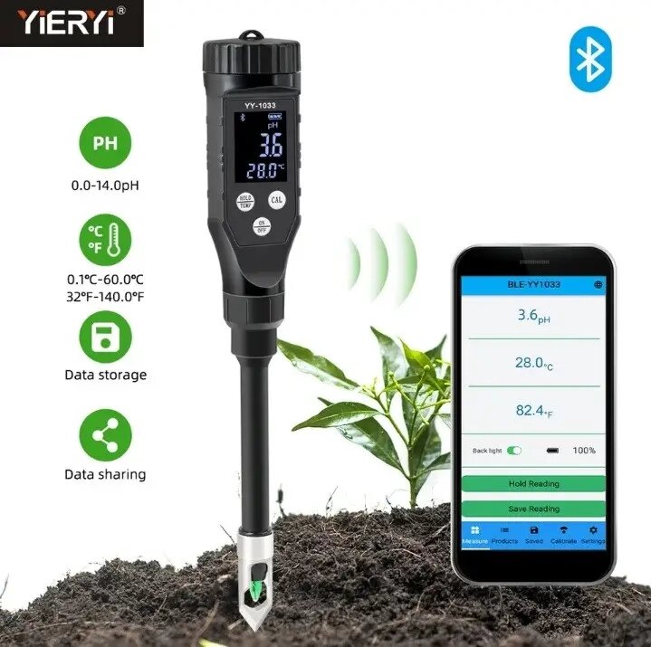 РН-метр для ґрунту YiERYi YY-1033 з Bluetooth (0-14 рН; підходить для будь-яких ґрунтів) від компанії ДСКТБ Інституту фізики НАНУ - фото 1