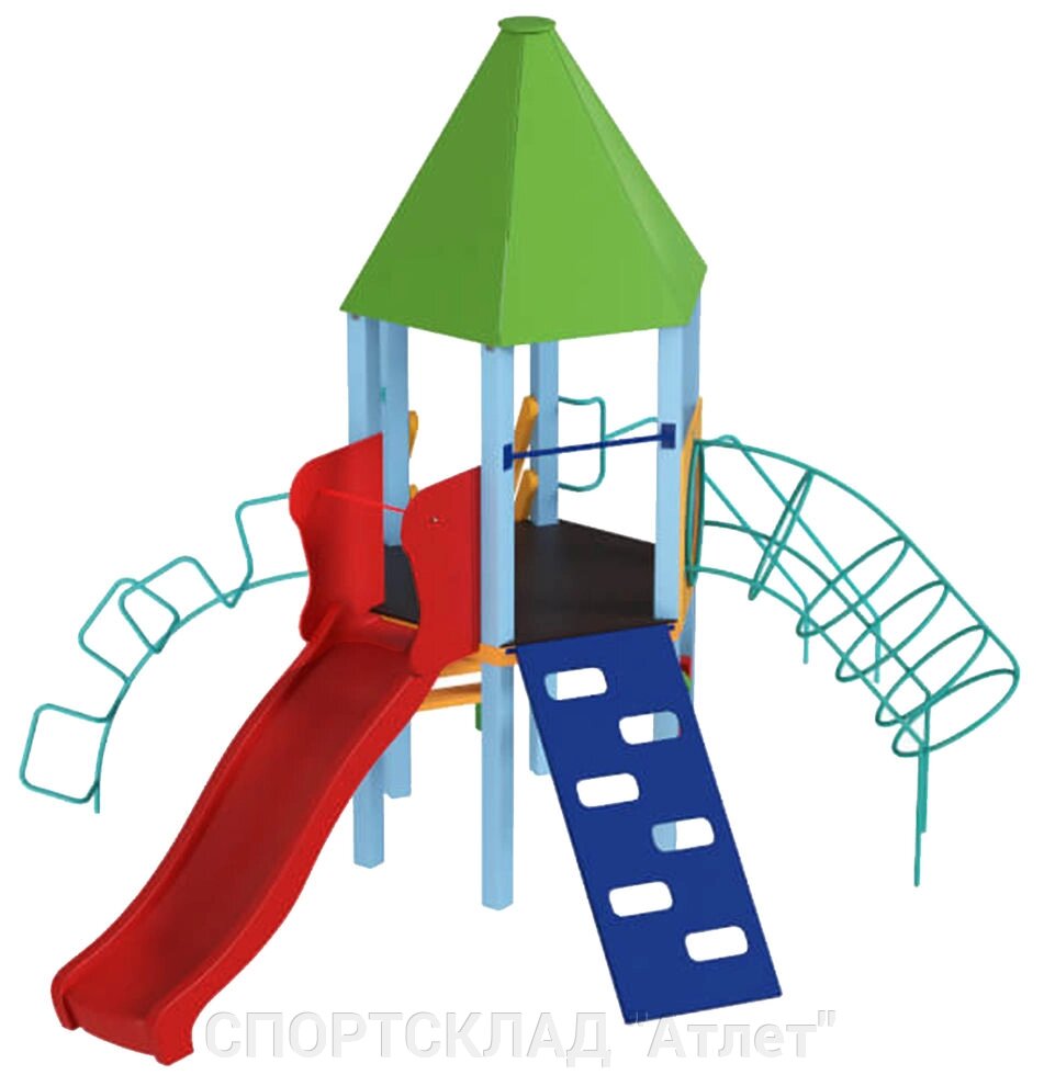 Дитячий комплекс Вежа з пластиковою гіркою (висота гірки 1,2 м; 6 * 4,7 * 3,6 м) від компанії СПОРТСКЛАД "Атлет" - фото 1