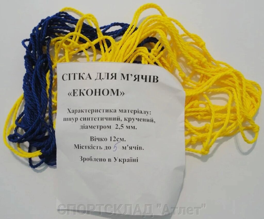 Сітка для перенесення м'ячів до 5 шт. Економ. Ø 2,5 мм, осередок 12 см жовто-синя від компанії СПОРТСКЛАД "Атлет" - фото 1