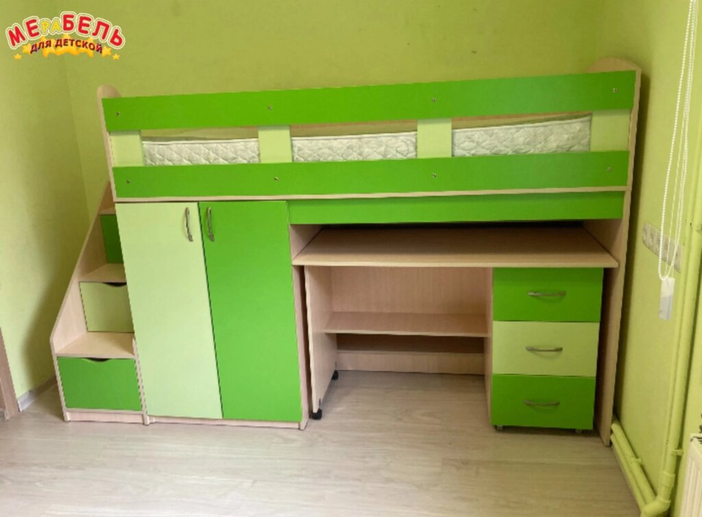 Детская кровать-чердак с мобильным столом, пеналом, полками и лестницей-комодом КЛ9-3 Merabel ##от компании## Мерабель - ##фото## 1