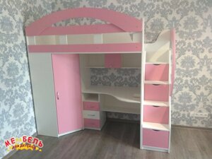 Дитяче ліжко-горище з робочою зоною, кутовою шафою і сходами-комодом КЛ42 Merabel