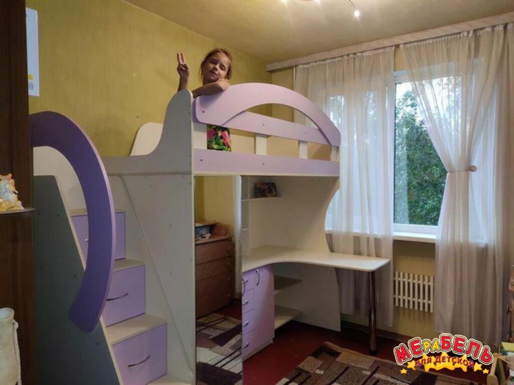 Детская кровать-чердак с рабочей зоной, угловым шкафом, тумбой и лестницей-комодом КЛ21-11-3 Merabel ##от компании## Мерабель - ##фото## 1