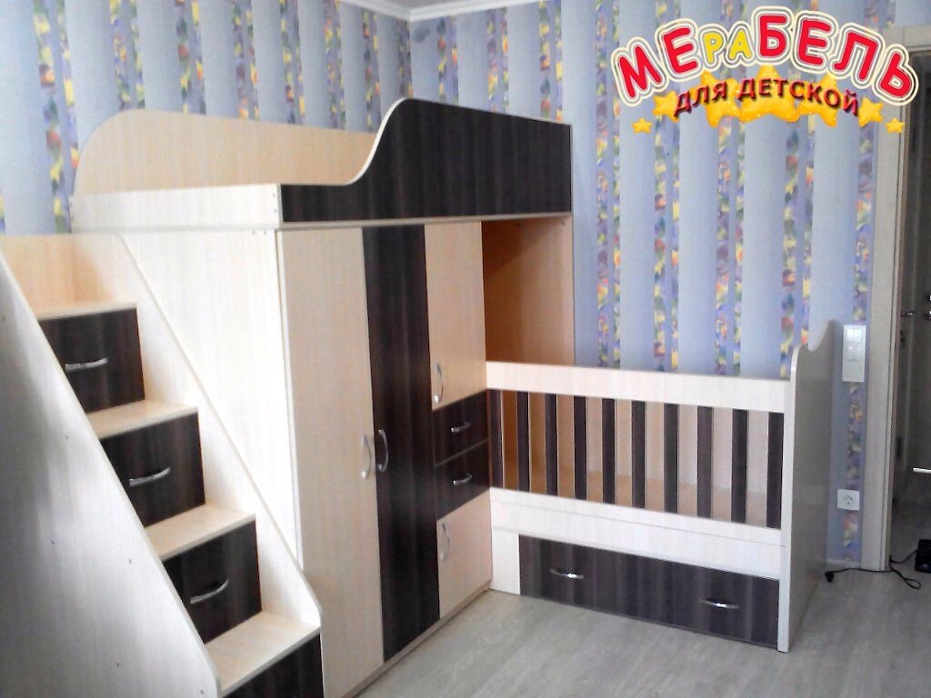 Дитяче двоярусне ліжко-трансформер з шафою, тумбою, ящиками і сходами-комодом АЛ17 Merabel від компанії Мерабель - фото 1