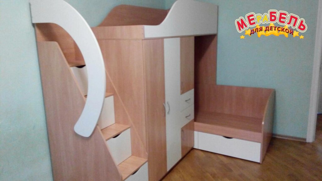 Дитяче двоярусне ліжко з шафою, тумбою, ящиками і сходами-комодом АЛ17-2 Merabel від компанії Мерабель - фото 1