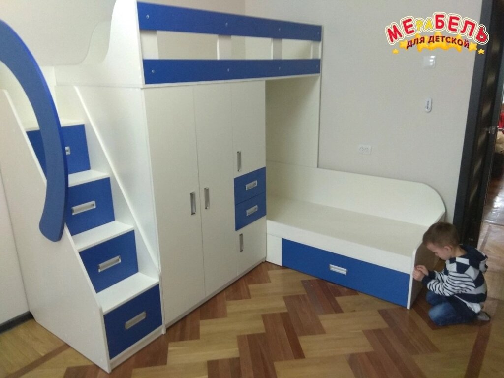 Дитяче двоярусне ліжко з шафою, тумбою, ящиками і сходами-комодом АЛ17-3 Merabel від компанії Мерабель - фото 1