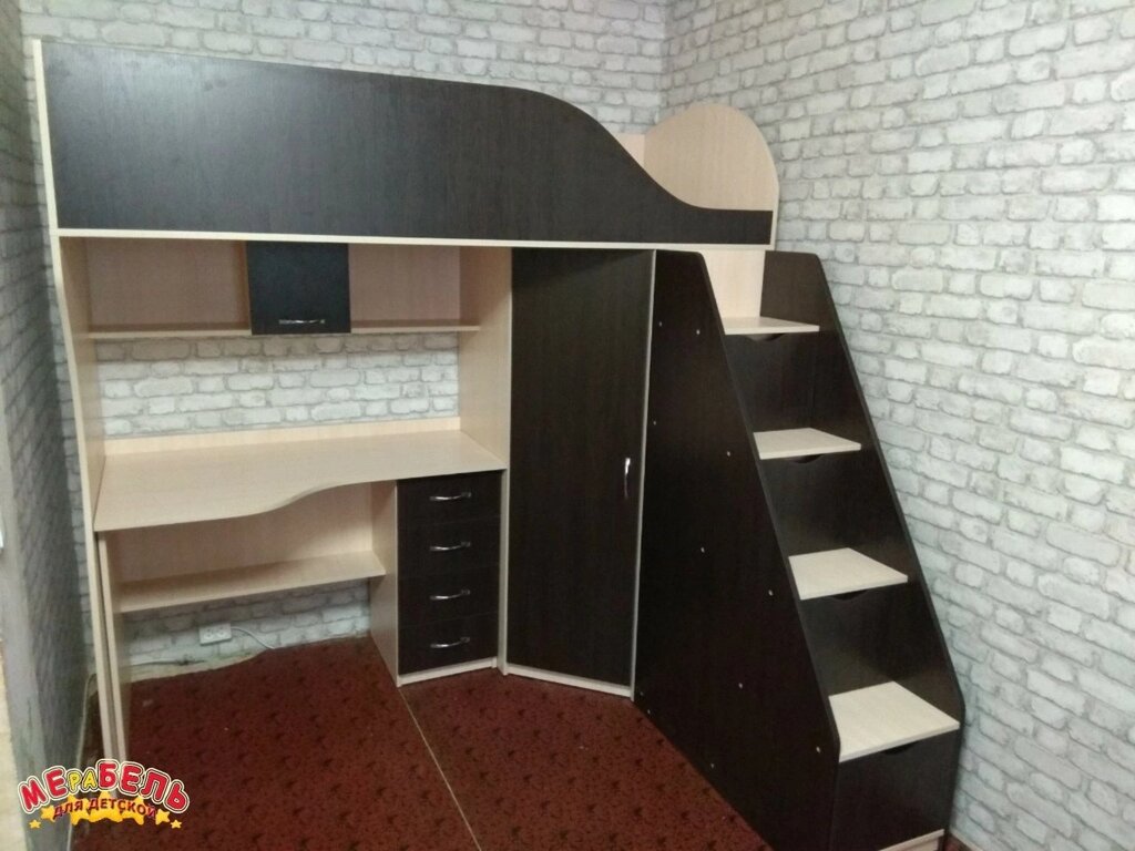 Дитяче ліжко-горище з мобільним столом, кутовою шафою і сходами-комодом КЛ4-12 Merabel від компанії Мерабель - фото 1