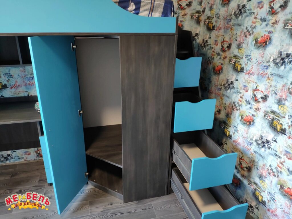 Дитяче ліжко-горище з мобільним столом, кутовою шафою і сходами-комодом КЛ4-2 ЕКО Merabel від компанії Мерабель - фото 1