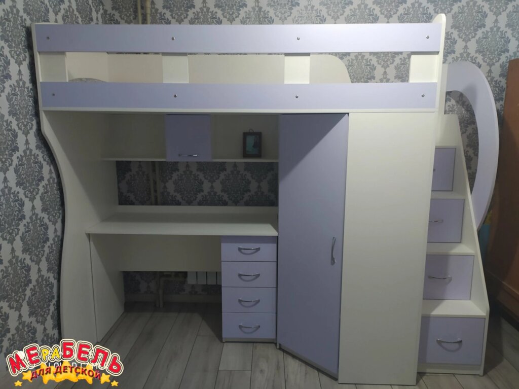 Дитяче ліжко-горище з мобільним столом, кутовою шафою і сходами-комодом КЛ4-3 Merabel від компанії Мерабель - фото 1