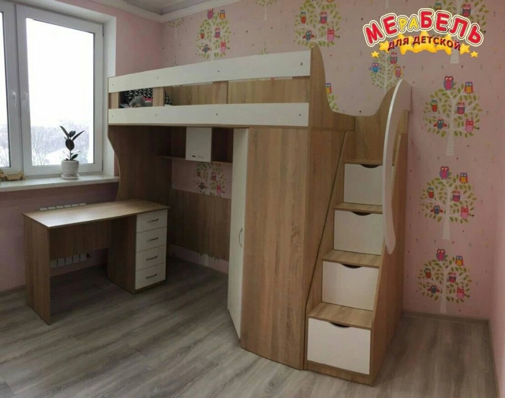Дитяче ліжко-горище з мобільним столом, кутовою шафою і сходами-комодом КЛ4-8 Merabel від компанії Мерабель - фото 1