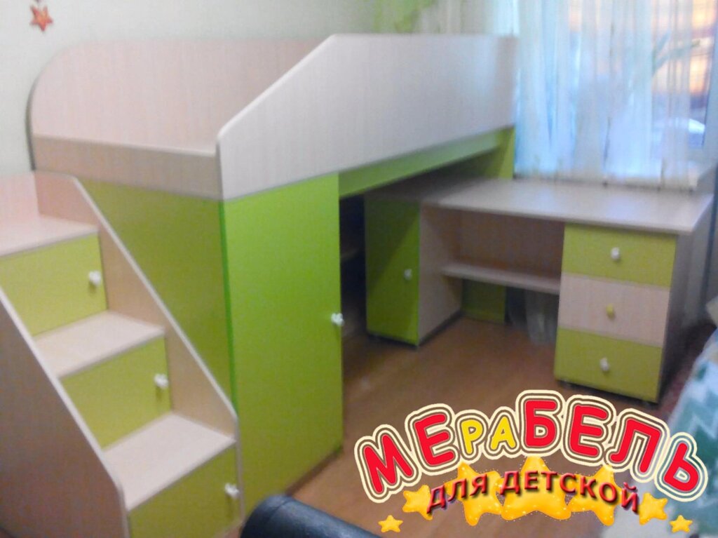 Дитяче ліжко-горище з мобільним столом, пеналом, полками і сходами-комодом КЛ9-2 Merabel від компанії Мерабель - фото 1