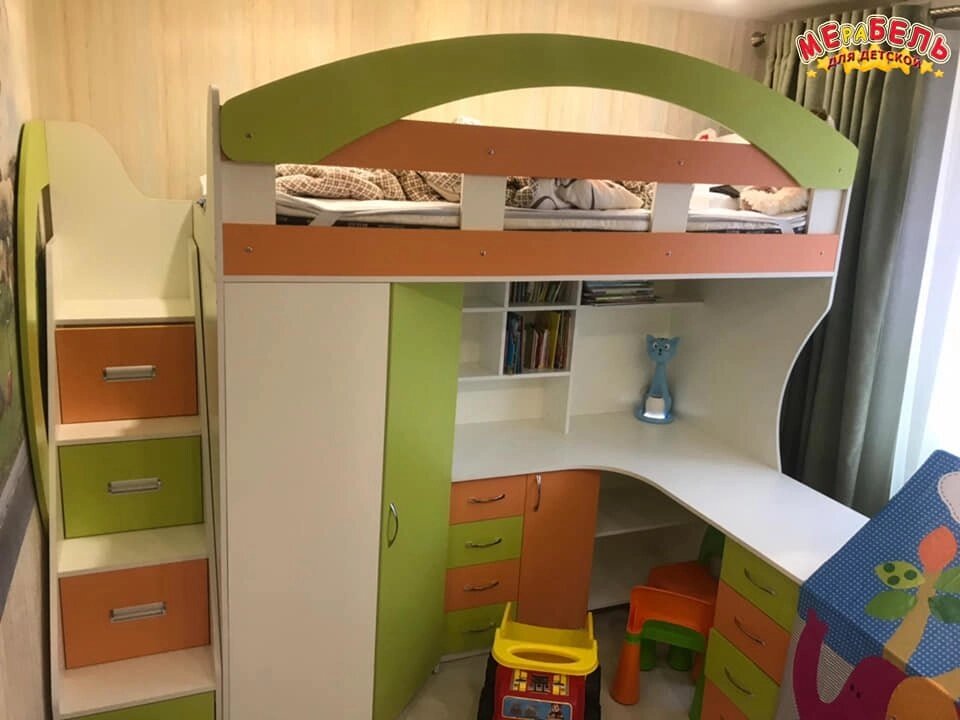 Дитяче ліжко-горище з робочою зоною, кутовою шафою, тумбою і сходами-комодом КЛ25 Merabel від компанії Мерабель - фото 1
