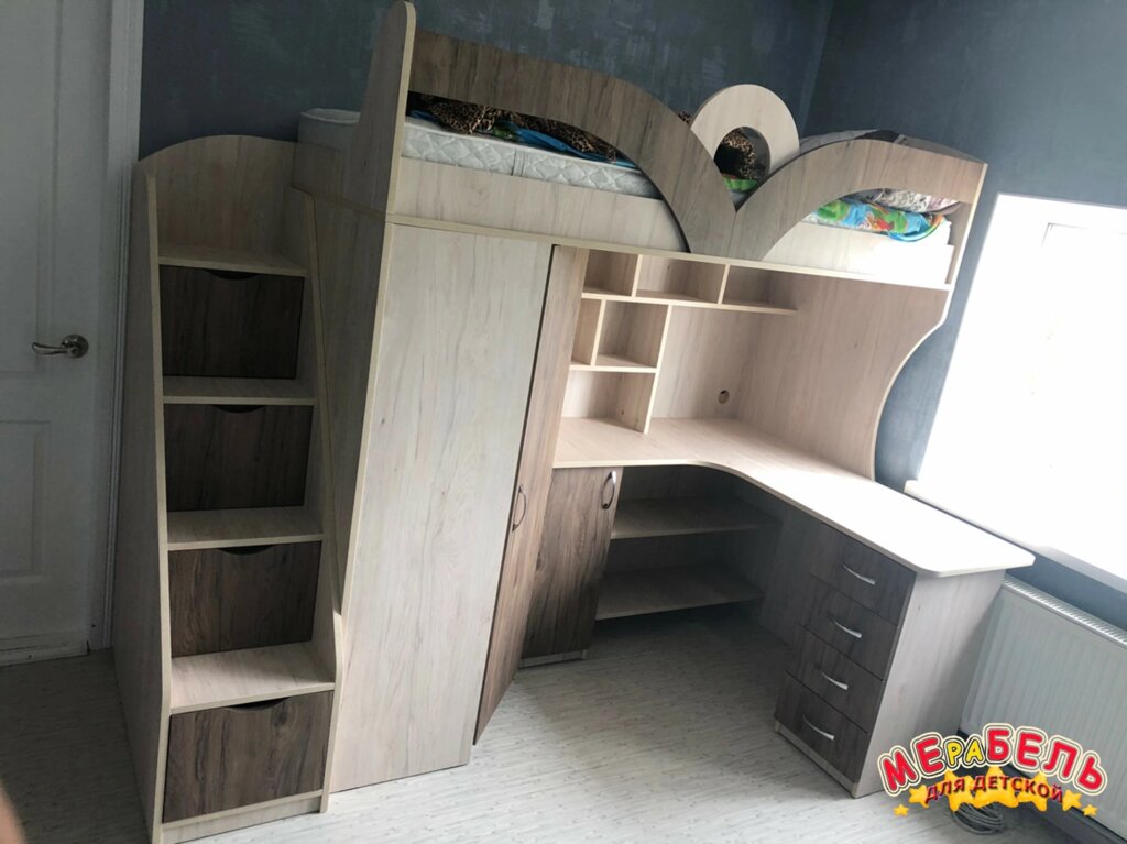 Дитяче ліжко-горище з робочою зоною, кутовою шафою, тумбою і сходами-комодом КЛ27 ЕКО Merabel від компанії Мерабель - фото 1