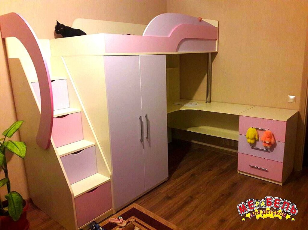 Дитяче ліжко-горище з робочою зоною, шафою, ящиками і сходами-комодом КЛ34-2 Merabel від компанії Мерабель - фото 1