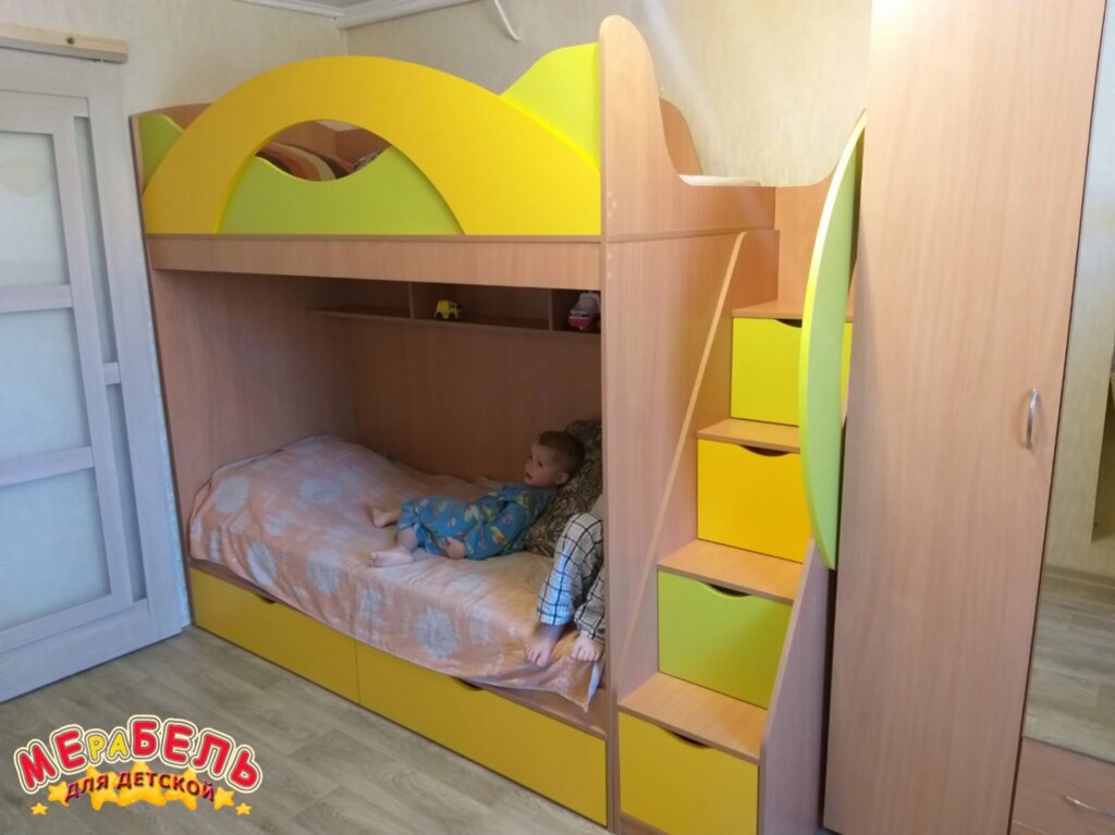 Кровать детская двухъярусная с лестницей-комодом и полками АЛ20-7 Merabel ##от компании## Мерабель - ##фото## 1