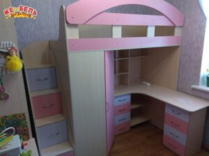 Дитяче ліжко-горище з робочою зоною, кутовою шафою, тумбою та сходами-комодом КЛ25-3 Merabel