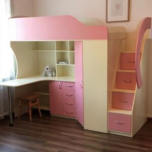 Дитяче ліжко-горище з робочою зоною, кутовою шафою, тумбою і сходами-комодом КЛ21 Merabel