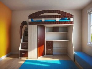 Дитяче ліжко-горище з мобільним столом, кутовою шафою, додатковим бортиком і сходами-комодом КЛ4-6-3 Merabel