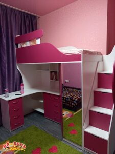 Детская кровать-чердак с рабочей зоной, угловым шкафом, тумбой и лестницей-комодом КЛ25-7 Merabel