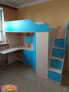 Дитяче ліжко-горище з робочою зоною, кутовою шафою, тумбою і сходами-комодом КЛ21-22 Merabel