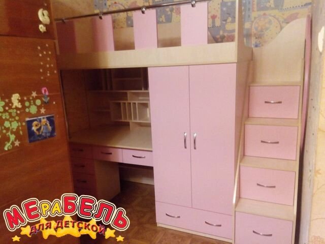 Дитяче ліжко-горище з робочою зоною, шафою, ящиками і сходами-комодом КЛ16 Merabel - вартість