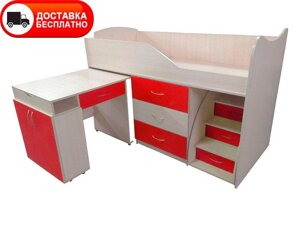 Ліжко-кімната Bed Room-5 червона, висувна драбина-комод, висувний стіл, вибір кольору фасадів