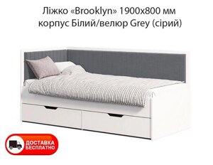Односпальне м'яке ліжко Brooklyn 1900х800 мм, оббивка велюр Grey (сірий), корпус білий