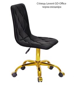 Стілець у салон краси Levent GD-Office на золотій нозі-хрестині з коліщатками, м'яка оббивка екошкіра колір чорний