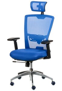 Офісне крісло Dawn blue (синє) з високою спинкою і профільованим сидінням, розкладна спинка до 135 град.