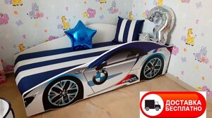 Ліжко машинка серія Еліт модель BMW білий зі спортивним матрацом і подушкою