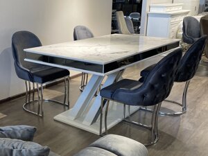 Обідній розкладний стіл Мілано (Milano) із золотим декором на глянсовій стільниці та нозі 180-220-260х95 см White