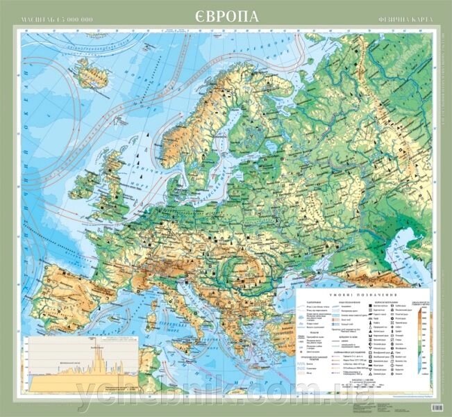 Європа. Фізична карта, м-б 1: 5 000 000 (на планках) від компанії ychebnik. com. ua - фото 1